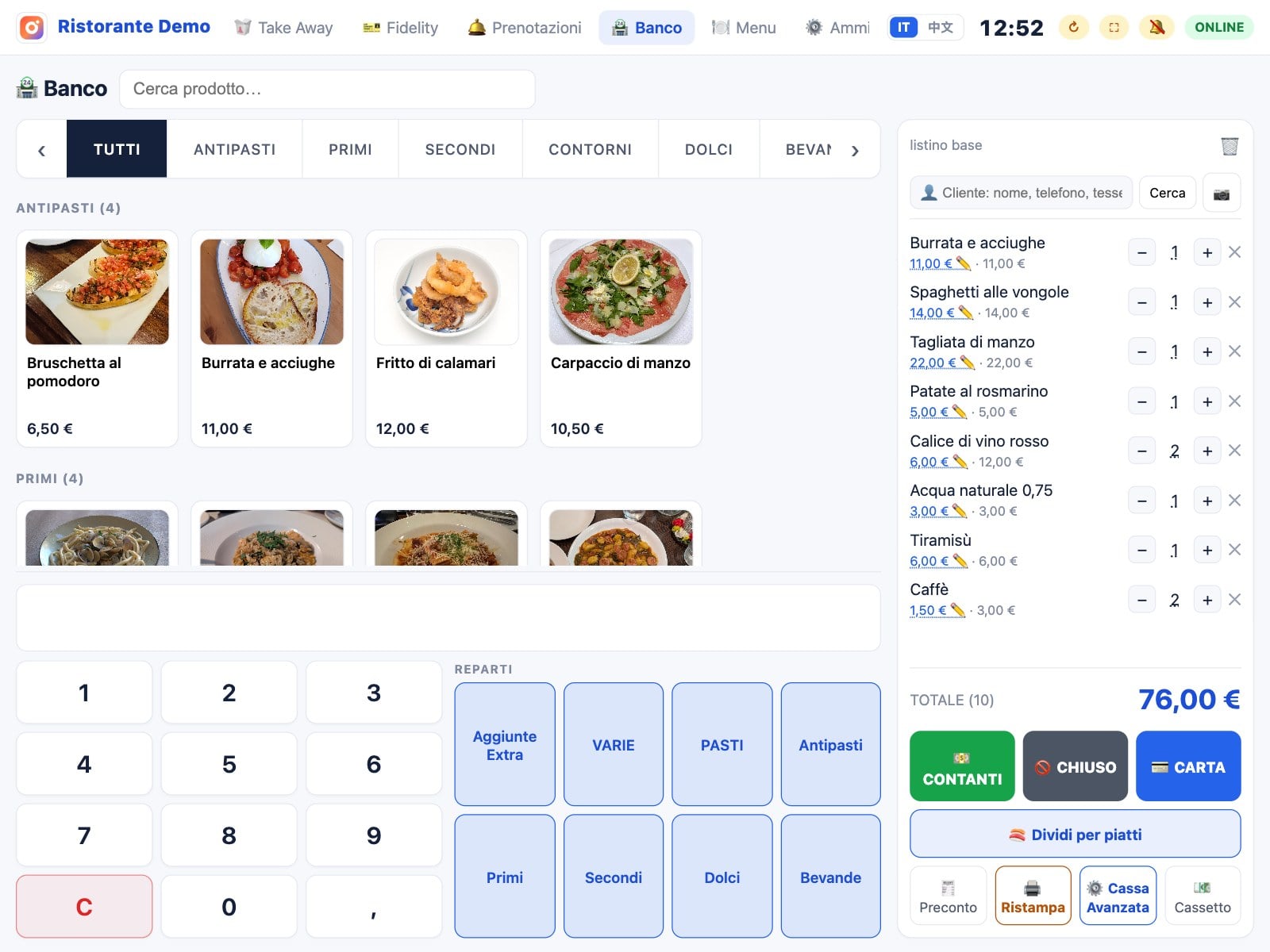 La cassa al banco di Omnyu nel ristorante demo: prodotti per categoria, tastierino e conto.