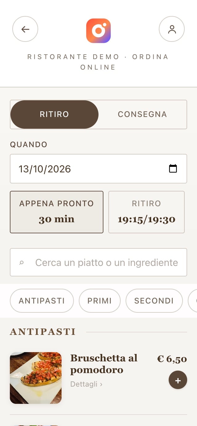 La pagina del take away del ristorante demo sul telefono: ritiro o consegna, orario e menu.